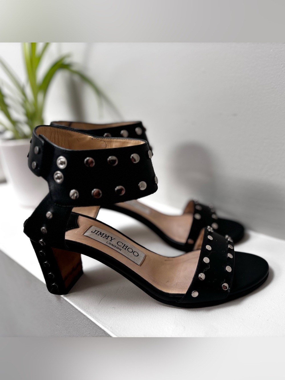 Jimmy Choo Veto 65 Black Leather Studded Block Heel Sandals EU 35.5